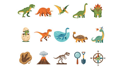 Fototapeta premium Set of dinosaur vector graphics including prehistoric animals fossils volcano and tools on white background with magnifying glass