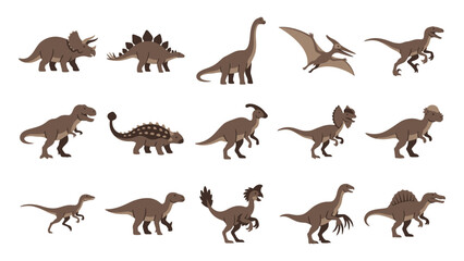 Set of brown cartoon dinosaurs vector illustration isolated on white background showing different prehistoric species with t rex © Ms Fateha Akter