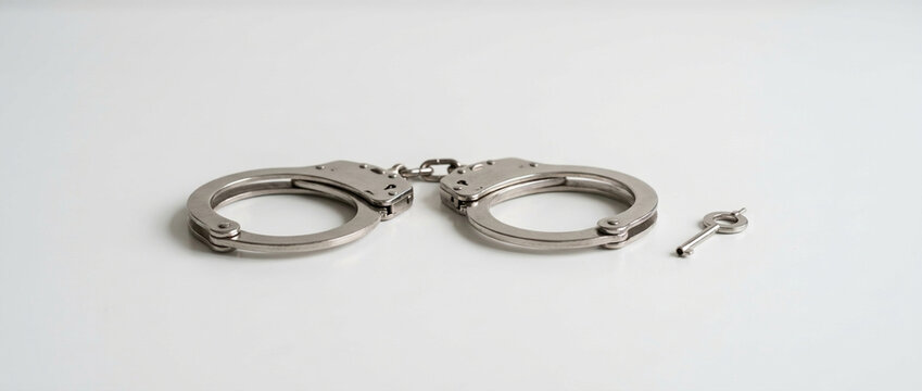 Silver Handcuffs with Key on White Background