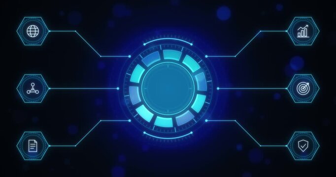 Cyan and blue HUD hub infographic with six hexagon icons, 4K clip, motion graphics animation