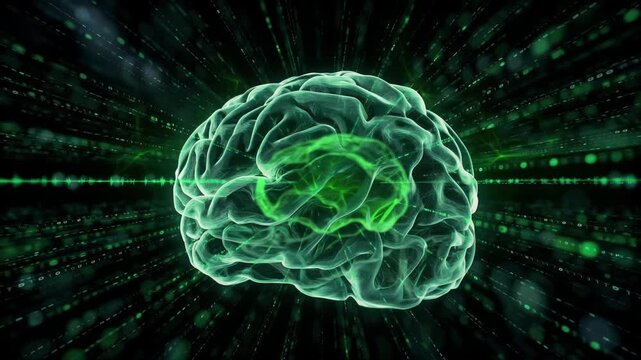 Glowing Brain Pulses with Digital Energy in Futuristic Cybernetic Environment Cinematic Visualization for AI Technology and Neuroscience Concepts
