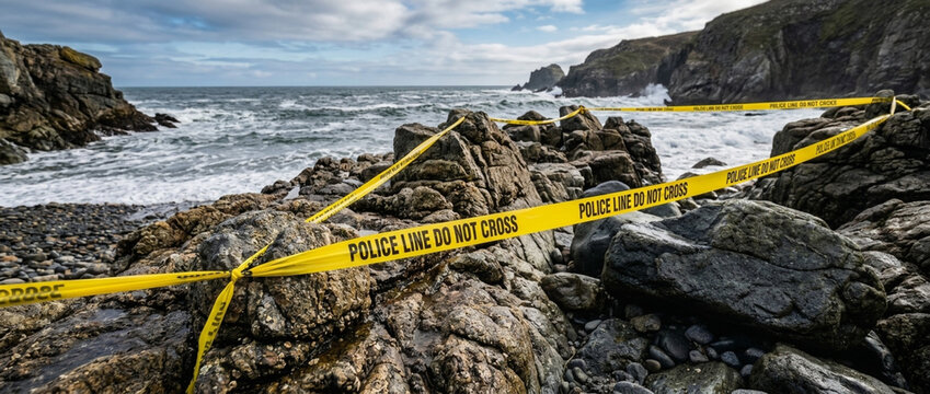 Yellow Police Line Do Not Cross Tape on Rocky Coastline with Waves Crashing