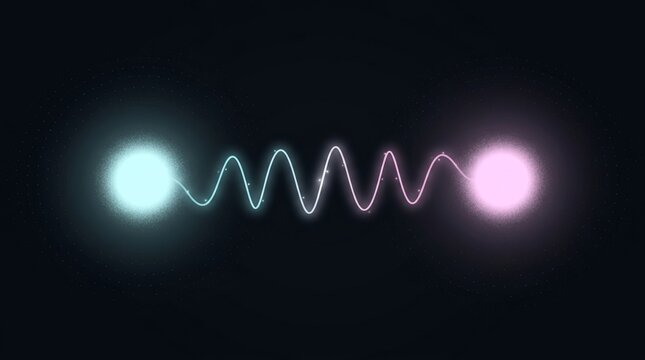 Quantum entanglement concept with glowing connected spheres and wave