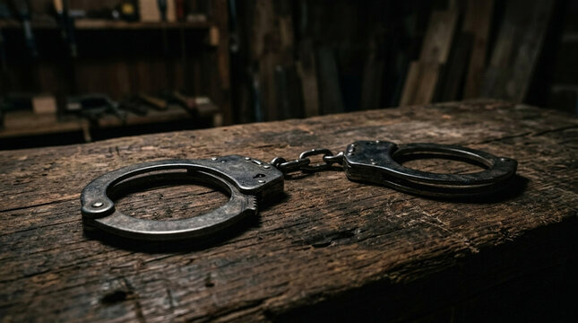 Restrained Metal Handcuffs on Rustic Wooden Surface Crime and Justice Symbolism Law Enforcement Equipment Close up