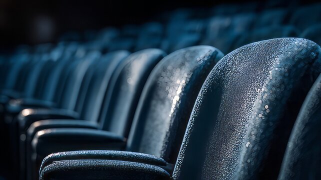 Empty movie theater seats in dark auditorium, rows of blue velvet cinema chairs, dramatic entertainment background