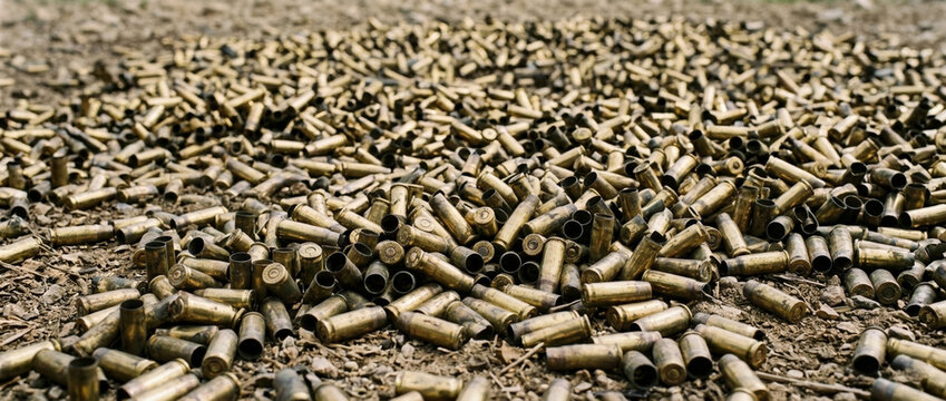 Pile of Used Ammunition Cartridges Scattered on Dry Ground Close up View