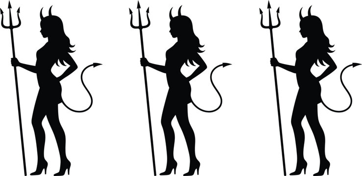 Three identical black silhouettes of a female devil character standing in profile, holding a trident, wearing heels, and featuring a long curved tail
