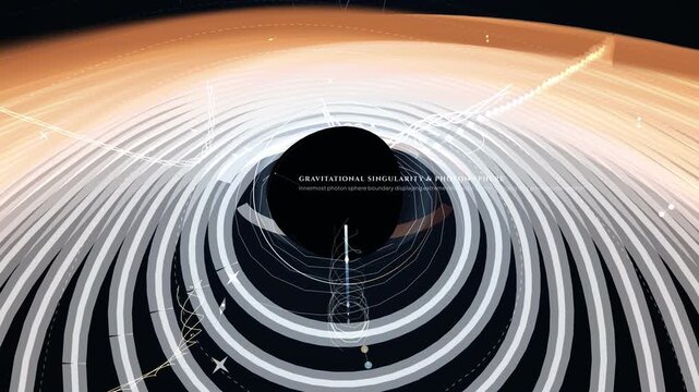 Abstract animation of a black hole gravitational singularity and accretion disk with magnetic fields, photon sphere, and hydrodynamic boundaries with scientific text overlays