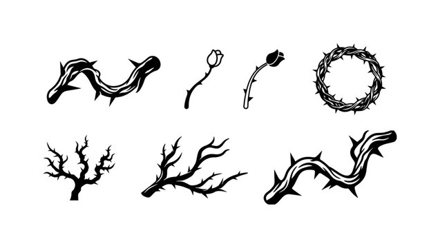 Black Thorny Branch Thorn Wreath Vector Set on png background,thorn, thorny branch, thorns, branch, twisted branch, gnarled branch, rose stem, thorn wreath