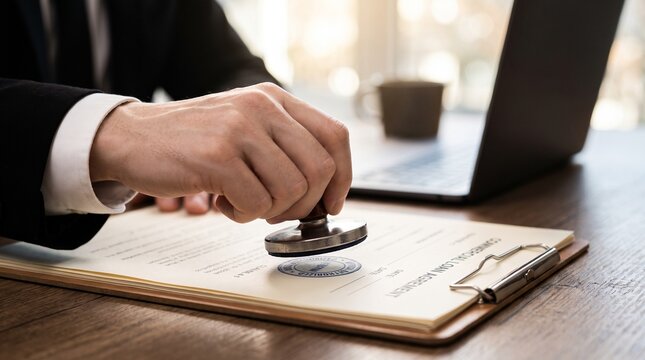 commercial loan approval and certification process. business professional stamping certified approved seal on loan agreement. legal document verification with clipboard and laptop in office.
