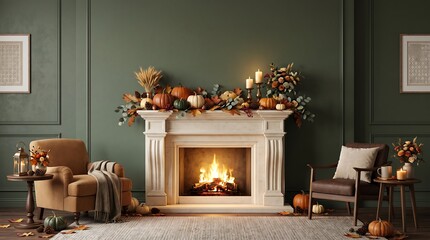 Fototapeta premium A cozy living room interior decorated for a happy thanksgiving day celebration with pumpkins and fireplace