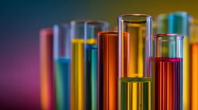 Colorful test tubes with vibrant glowing liquids in modern science laboratory, bright chemical research experiment background for scientific research, laboratory testing, healthcare innovation, and te