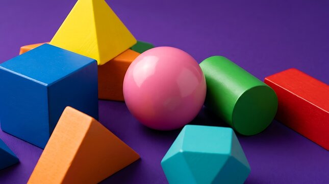 Colorful geometric shapes and spheres on bright background.