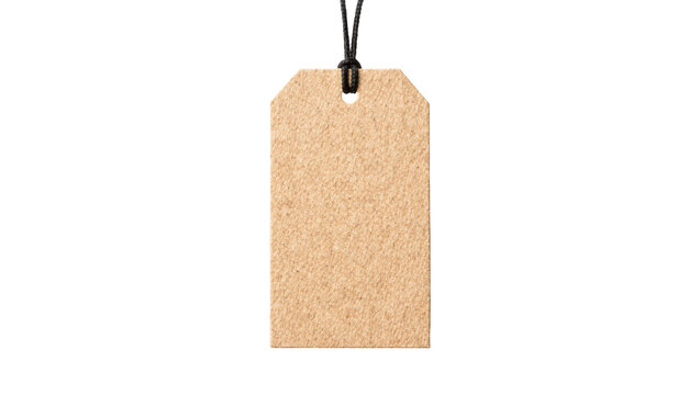 Blank brown cardboard gift tag with black string, isolated on transparent background