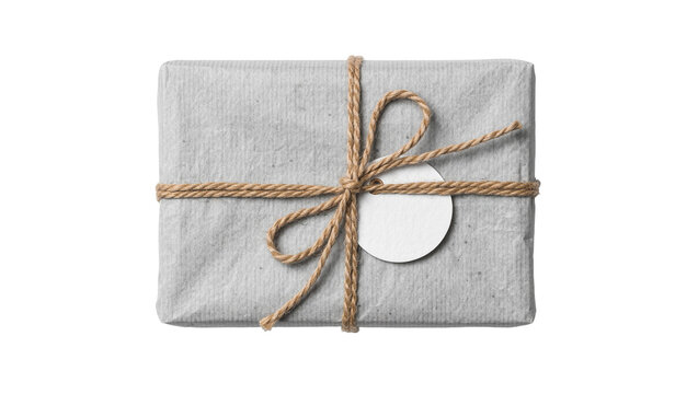 Rectangular gift box wrapped in textured grey paper with jute twine and blank tag, isolated on transparent background
