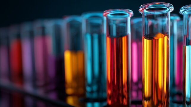 Colorful test tubes with vibrant glowing liquids in modern science laboratory, bright chemical research experiment background for scientific research, laboratory testing, healthcare innovation, and te