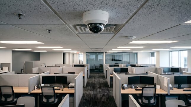 Security camera mounted on office ceiling