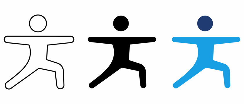 Yoga practice and fitness icon set with a person in warrior pose, health and wellness symbols in outline, solid, and duotone styles.