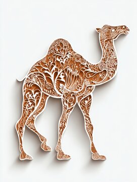 Ornate Brown Camel Silhouette With Intricate Floral Patterns Against A Soft White Background
