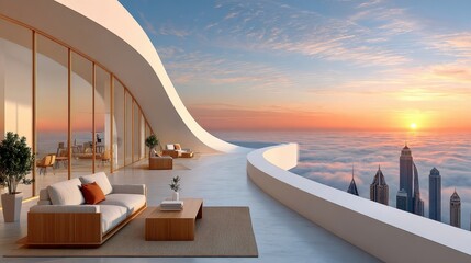Fototapeta premium Curved concrete rooftop with modern lounge furniture overlooking cloud sea and skyscrapers at sunset, luxury architecture concept