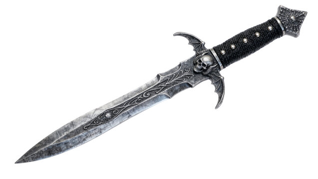 Ornate fantasy dagger with skull and bat motifs, isolated on transparent background