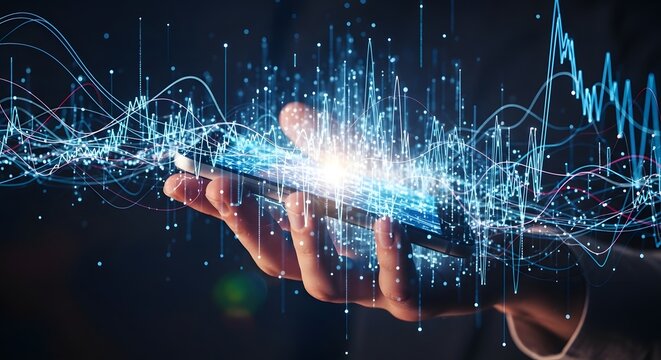 Human hand holding smartphone with glowing digital data streams and analytics graph against dark background