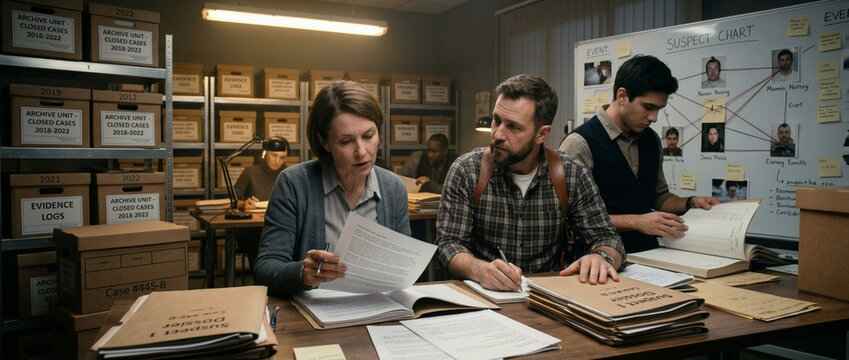 Detectives in an evidence room analyze case files and a suspect board hinting at a complex investigation