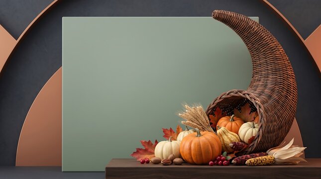 A festive cornucopia arrangement with pumpkins and autumn leaves for a happy thanksgiving day celebration background