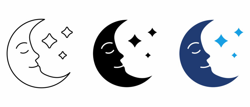 Nighttime sleep and bedtime icon set with sleeping crescent moon and stars, restful slumber symbols in outline, solid, and duotone styles.