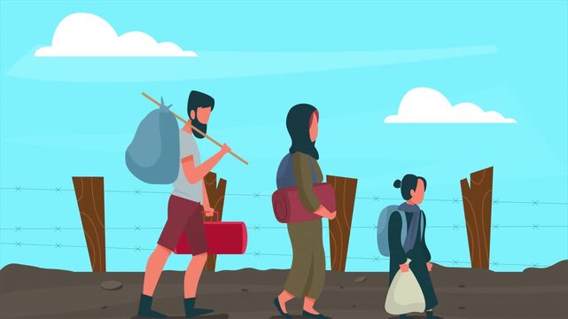 People are being evacuated from the city, with destroyed buildings and smoke from explosions in the background. Vector animation in a cartoon-style flat art style