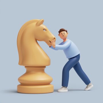 Strategy Concept with Man Pushing Large Chess Knight Piece