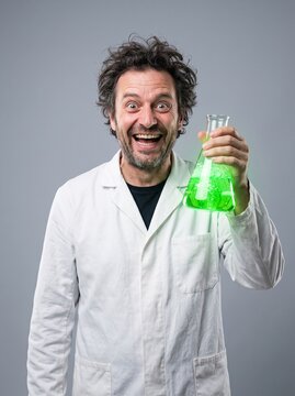 Mad scientist man in white lab coat with messy hair holding glowing green bubbling flask on soft gray background Halloween portrait