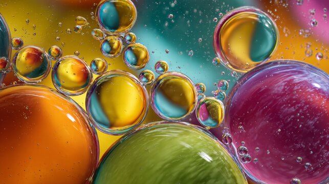 Colorful liquid bubbles in vibrant abstract macro pattern, fluid shapes and dynamic textures for science, chemistry, laboratory, molecular research, liquid surface, and creative background concepts