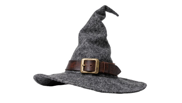Gray felt witch hat with brown leather belt and brass buckle, isolated on transparent background