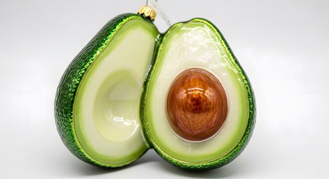 Shiny green avocado ornament halved with seed against white background studio lighting festive concept
