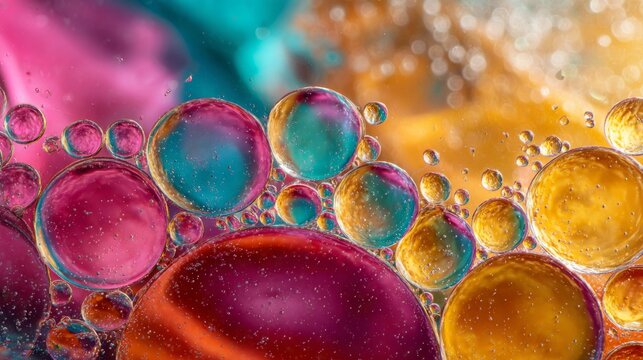 Colorful liquid bubbles in vibrant abstract macro pattern, fluid shapes and dynamic textures for science, chemistry, laboratory, molecular research, liquid surface, and creative background concepts