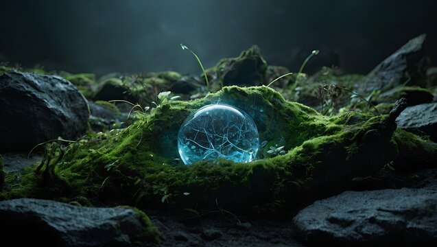 Mystical glowing orb nestled in mossy ground surrounded by rocks and small sprouts, evoking a sense of nature's hidden magic and ethereal wonder