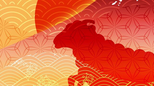 Stylized Red Sheep Silhouette with Traditional Japanese Patterns 4K