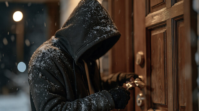 Shadowy figure in dark hoodie picking a deadbolt lock on a weathered wooden door under flickering streetlight during heavy December snowfall, forensic crime drama mood for