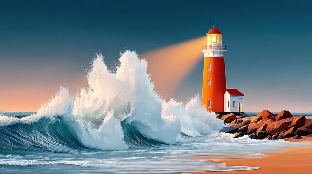Red lighthouse on rocky shore, waves crash violently during golden hour, maritime safety infrastructure in stormy weather, casting beam