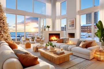Obraz premium White sectional sofa with orange cushions and wooden coffee table in luxurious penthouse living room overlooking snowy cityscape at sunset, interior design