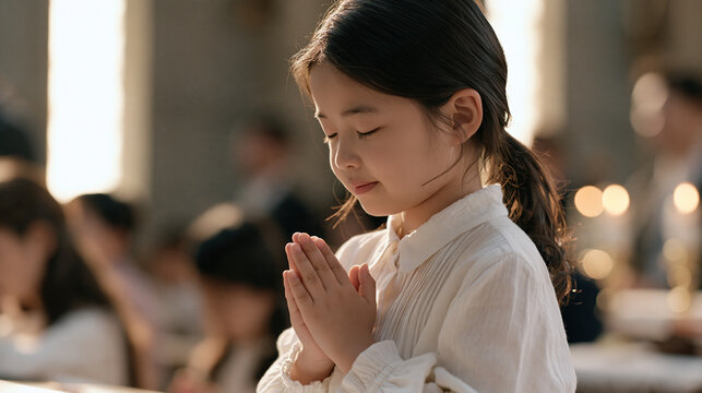 Young Korean girl kneeling upright at a church altar during early morning prayer service, hands raised slightly, eyes gently shut, predawn light through narrow windows,
