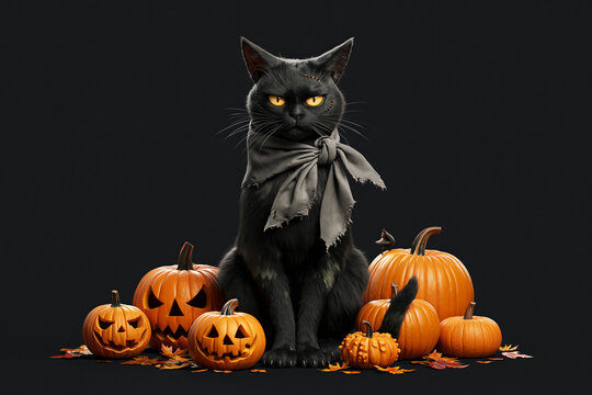 Black cat with zombie stitches sitting among carved jack-o-lanterns