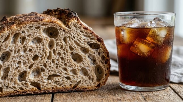 Sourdough bread loaf and a glass of iced cold brew coffee on wood