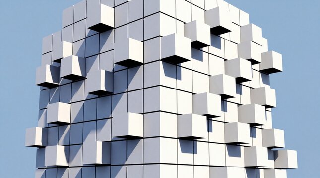Abstract white cube architectural building model against blue sky for modern real estate design.