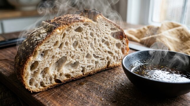 Freshly baked sourdough bread loaf with steam on a rustic wooden board
