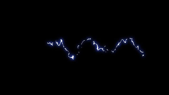 Powerful blue electric discharge with fast moving energy path, glowing lightning particles, magic wave shape, futuristic technology effect and luminous flash animation on black background 4k video