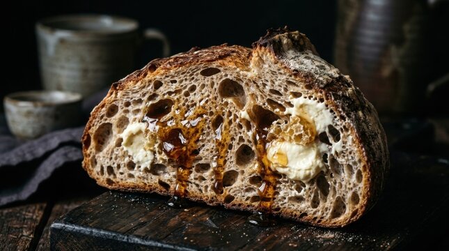 Fresh sourdough bread slice with melting butter and honey on dark