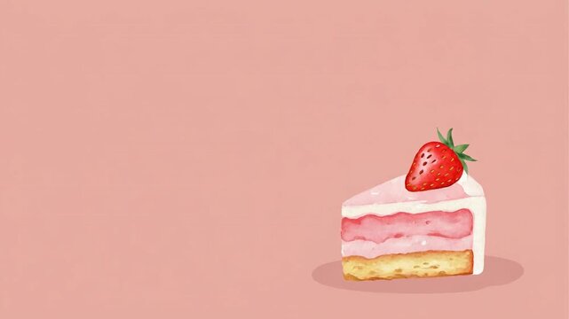 Strawberry cake slice with fresh strawberry on soft pink background, empty space for text, dessert illustration