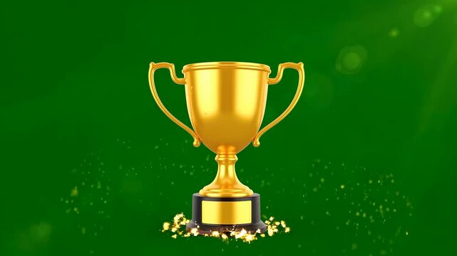 3d render of a shiny golden trophy cup with exploding yellow sparkles on a green background